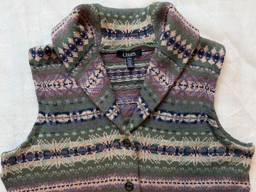 Chaps Fair Isle Sweater Vest Women M Pastel Green Purple Knit Shawl Collar